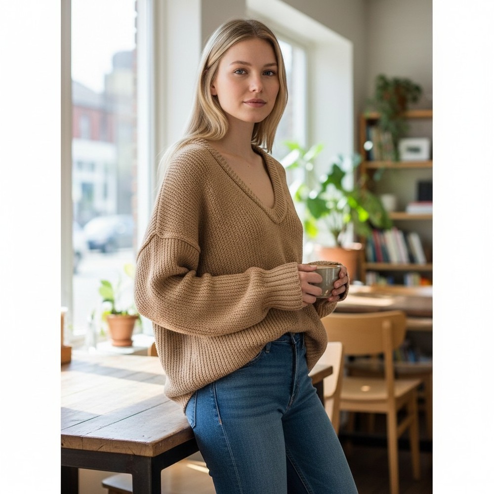 Free People sz L oversized v neck sweater‎ Camel Tan exposed seams